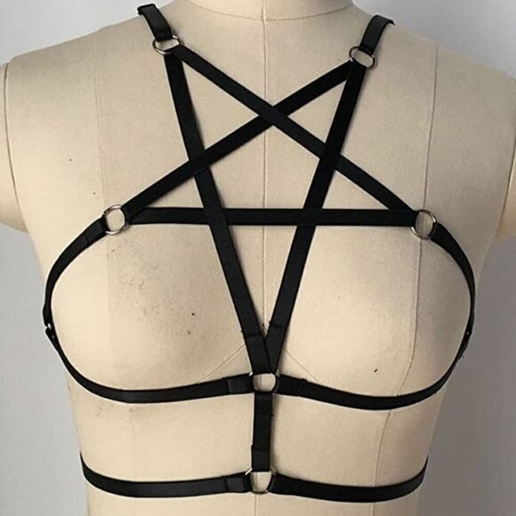 Halter Pentagram Body Harness Bra Caged Cupless Punk Gothic Strappy Bralette NWT - Picture 4 of 6